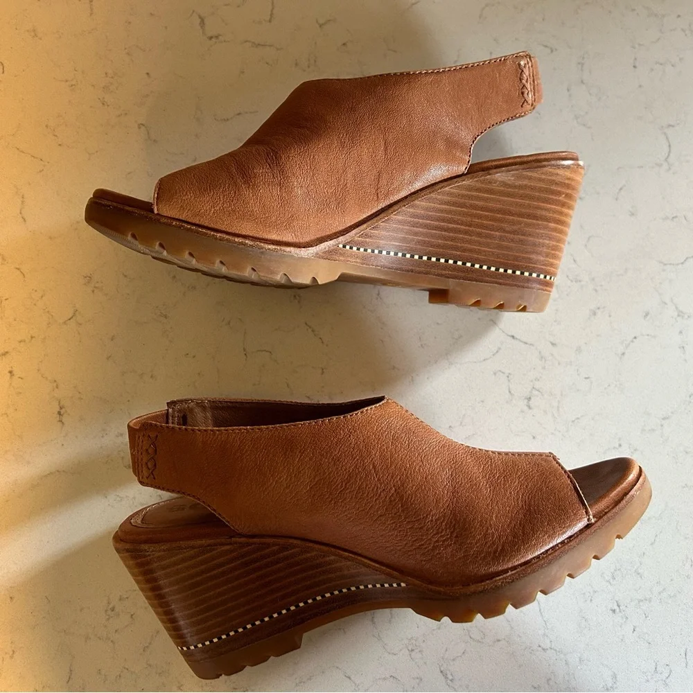 Sorel Nadia Camel Brown Leather Slingbacks Wedge Heeled Sandals - Picture 9 of 14